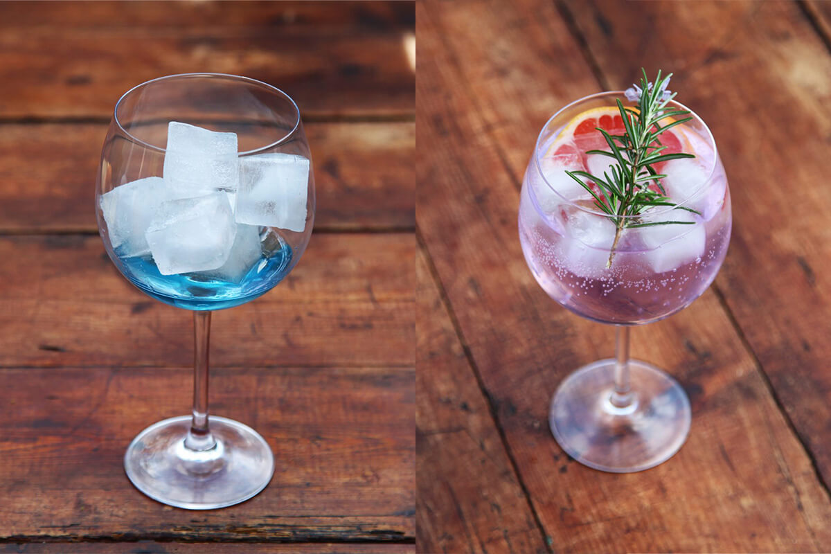 Colour changing gin showing blue in the glass, then pink once tonic is added