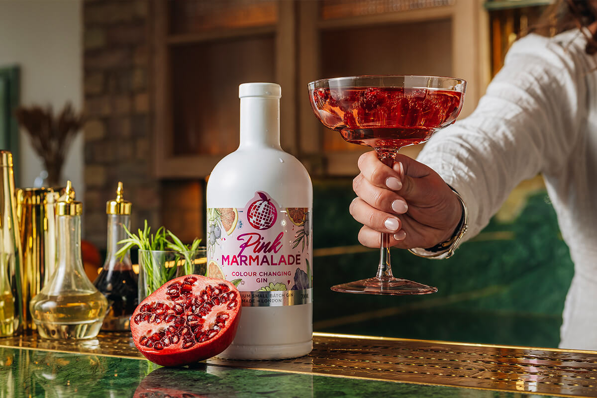 Pink Marmalade Gin Fizz Cocktail with Red Pomegranate