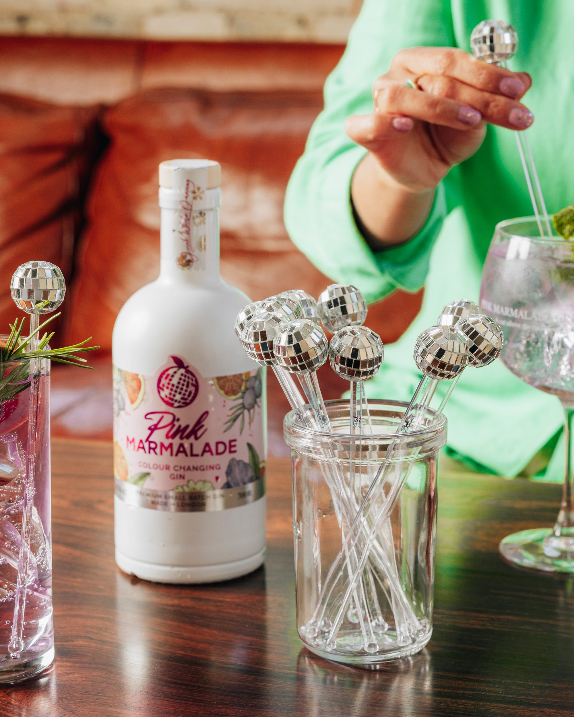 Pink Marmalade Gin 70cl and 6 Pack Disco Ball Cocktail Stirrer Bundle